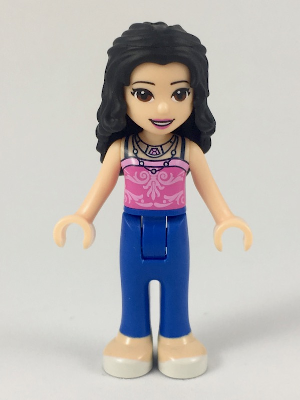 Emma, Blue Trousers, Dark Pink Top with Bright Pink Filigree, 2 Necklaces